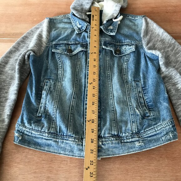 Free People Denim Jacket Women S Blue Hooded Distressed Button Up Long Sleeve - Picture 5 of 13
